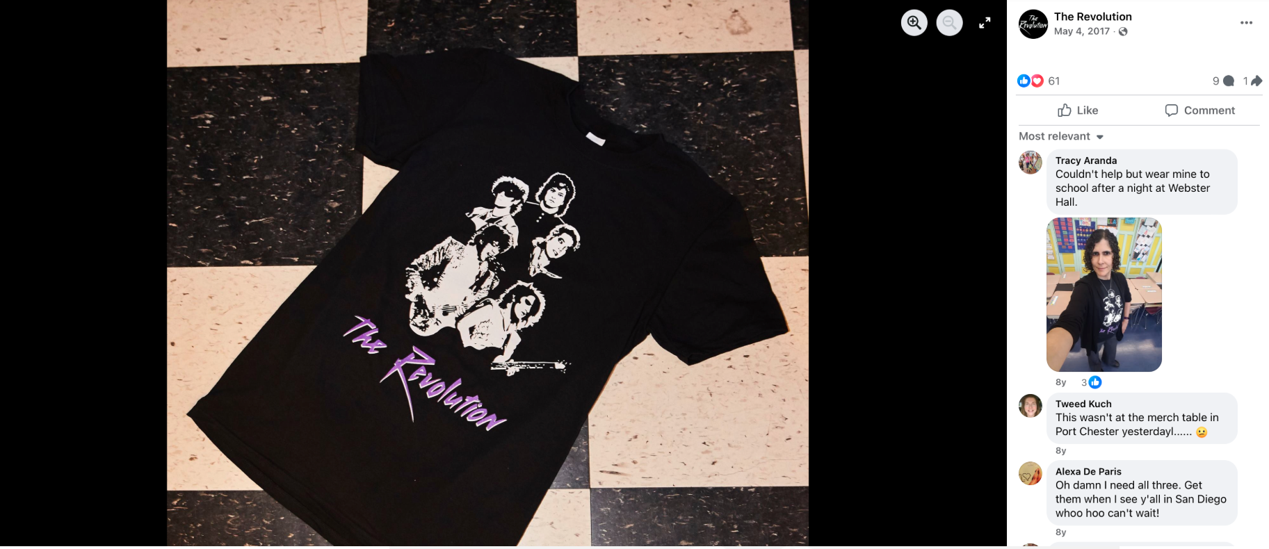 Facebook post from The Revolution showing the merchandise t-shirt