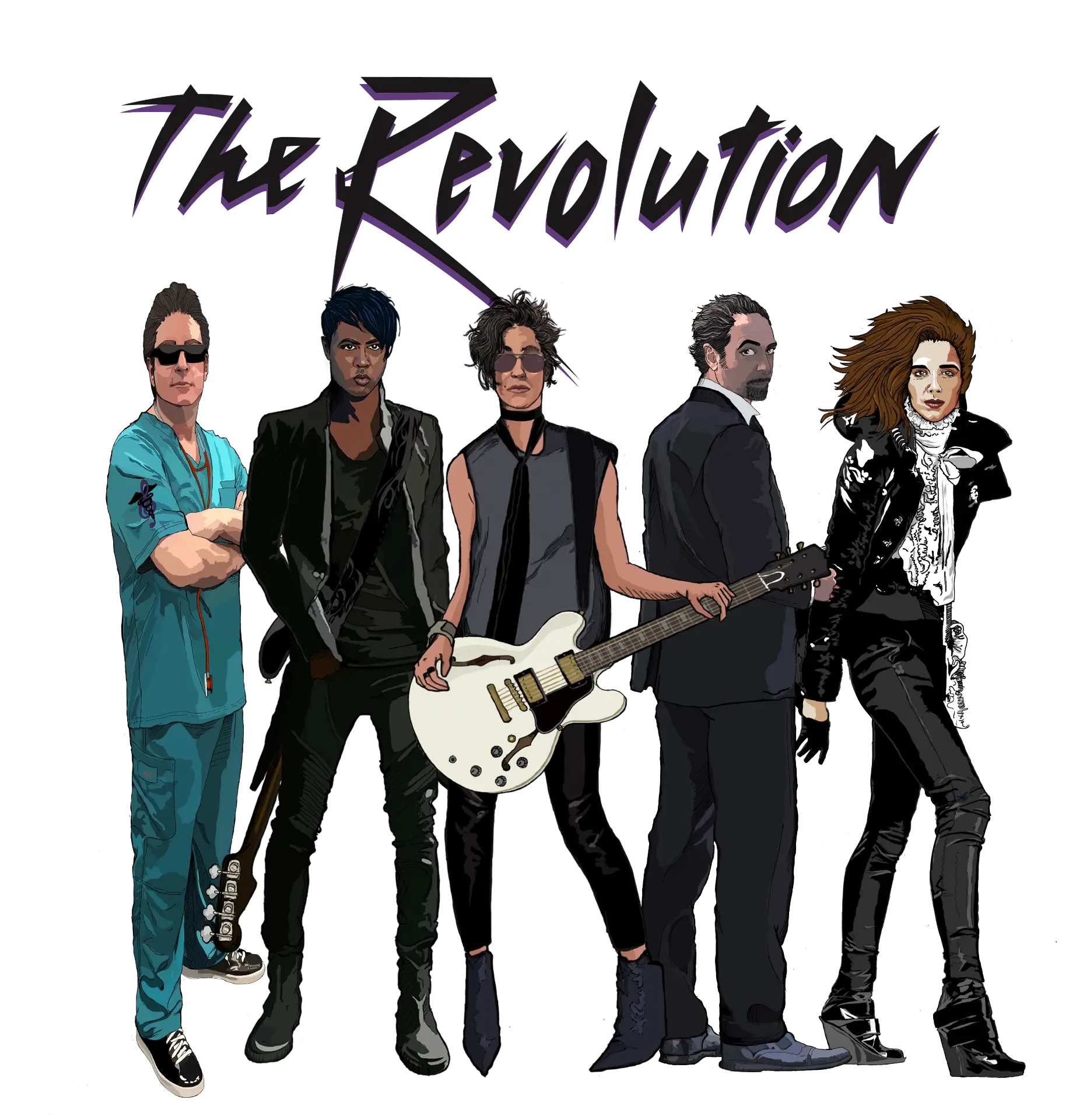 Illustrated lineup of The Revolution with the band wordmark