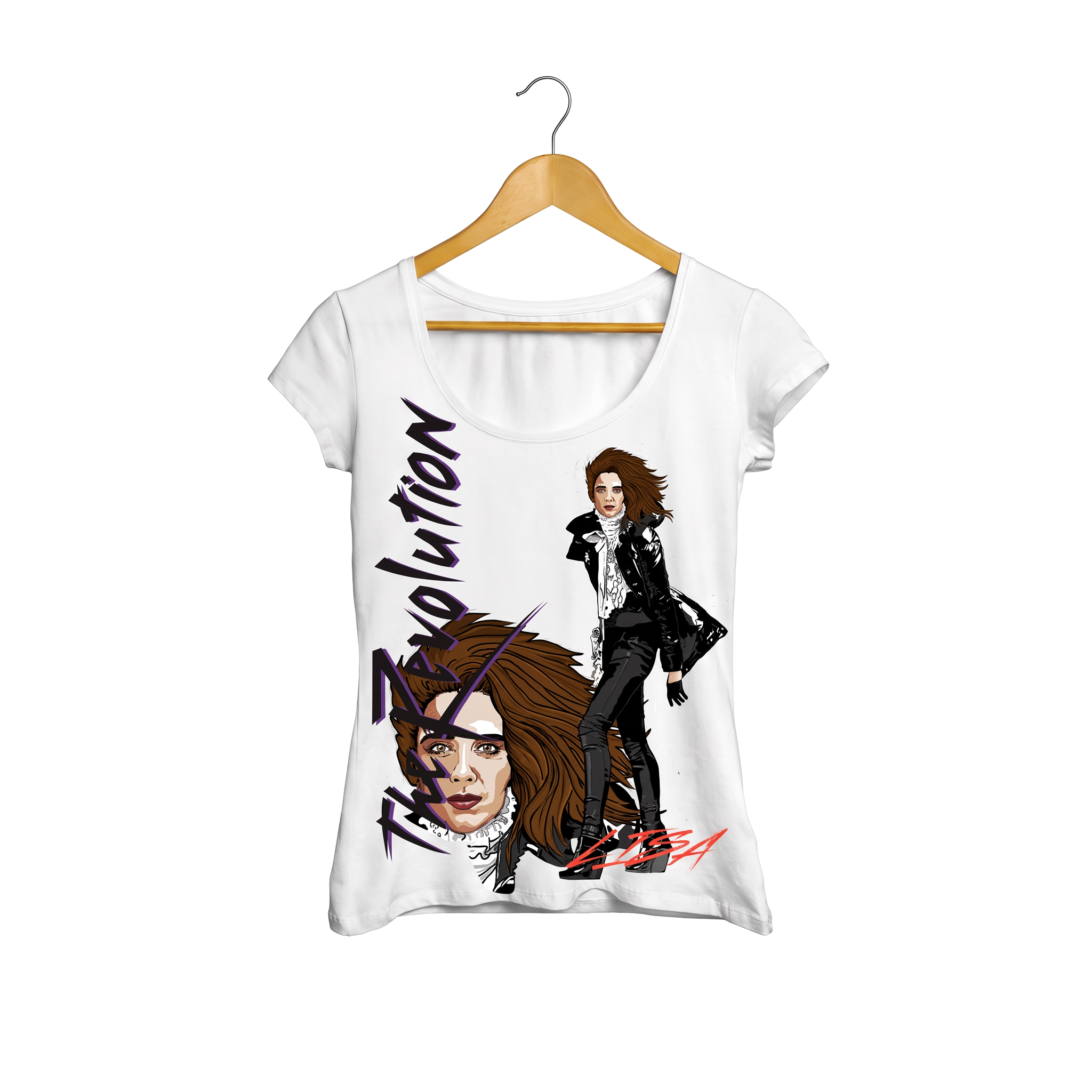White women's t-shirt with The Revolution Lisa illustration