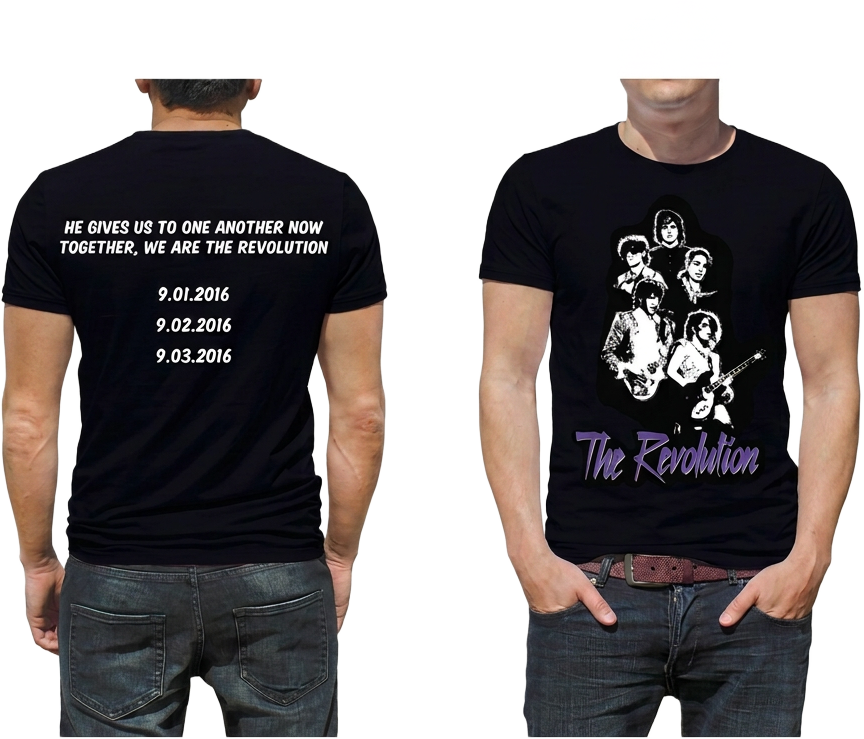The Revolution printed t-shirt — finished product, front and back, First Avenue Minneapolis